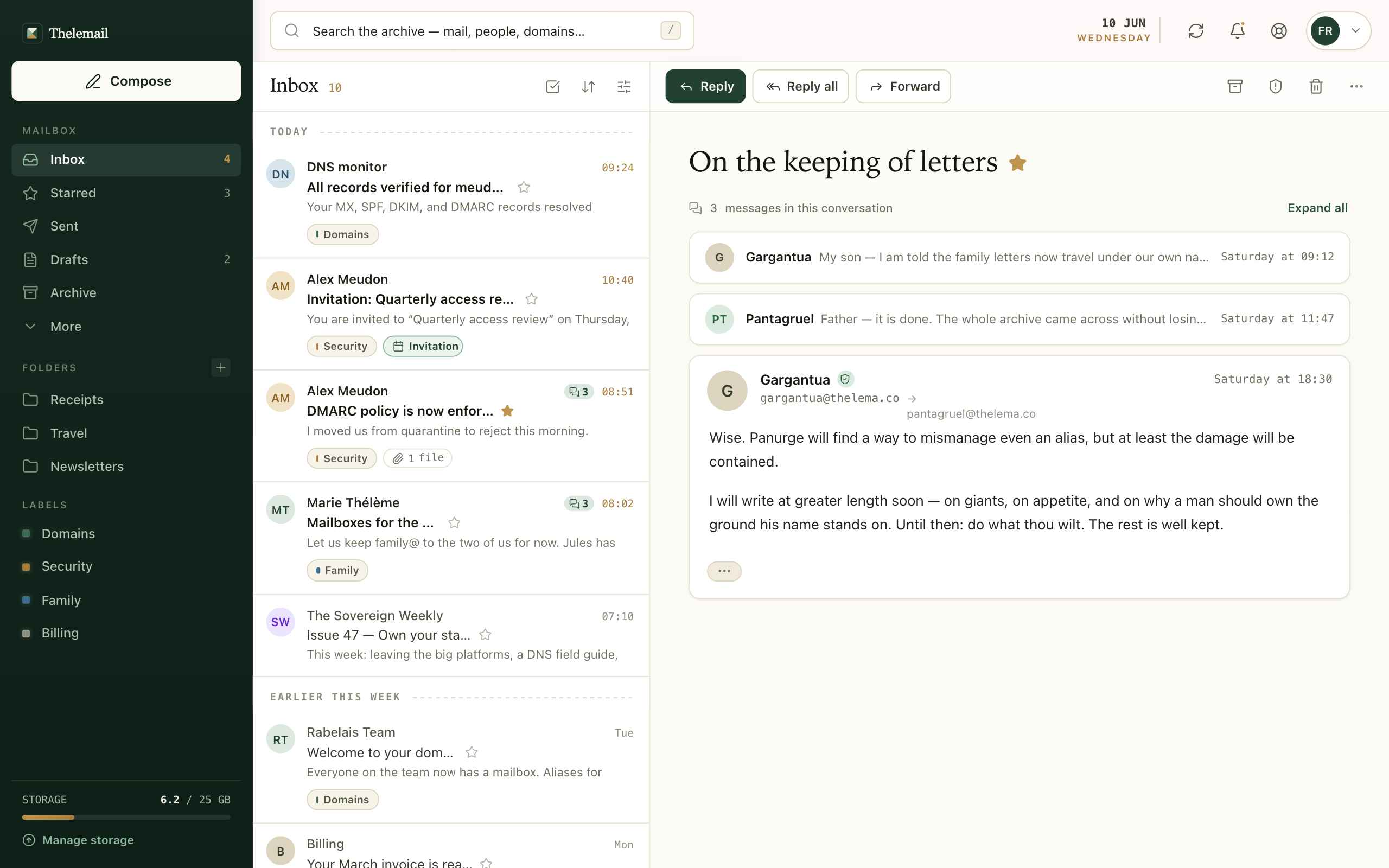 The Thelemail inbox showing private mail on a custom domain